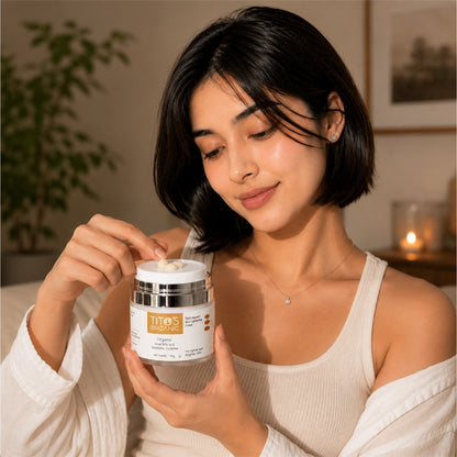 Woman applying Tito’s Organic skin brightening cream as part of daily skincare routine